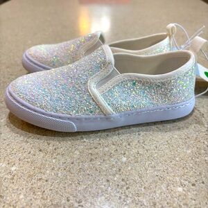 Cat & Jack Glittery White Slip-On Sneakers Girls Size 10 NWT Iridescent Sequins